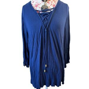 Avenue Dark Blue Tie Front Lace Sleeve Blouse